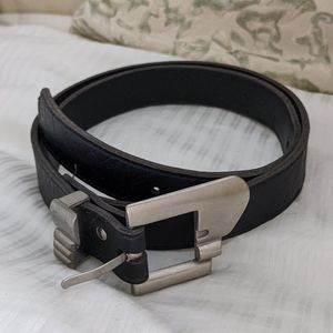 Vintage Black Leather Belt Retro Silvertone Buckle